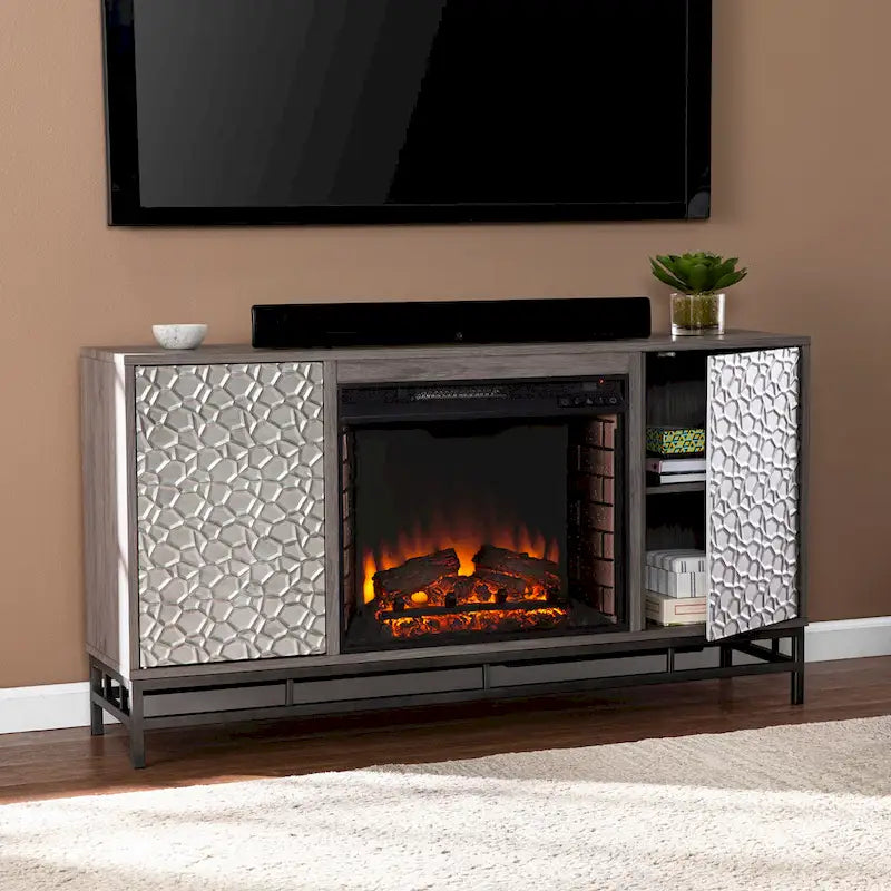 Meuble TV de cheminée électrique en bois gris avec placards de rangement