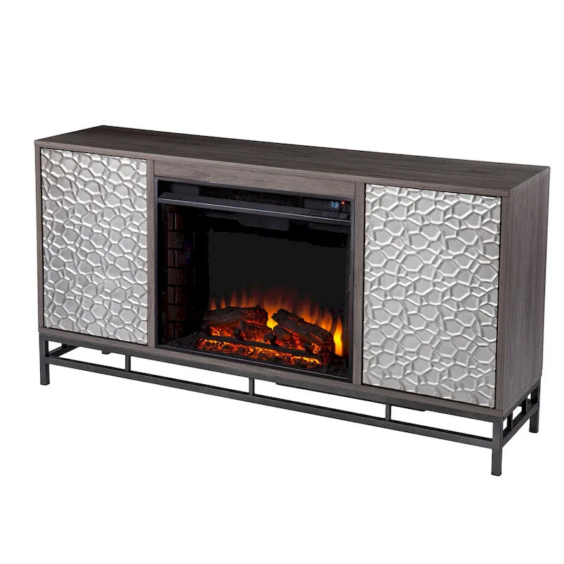 Meuble TV de cheminée électrique en bois gris avec placards de rangement