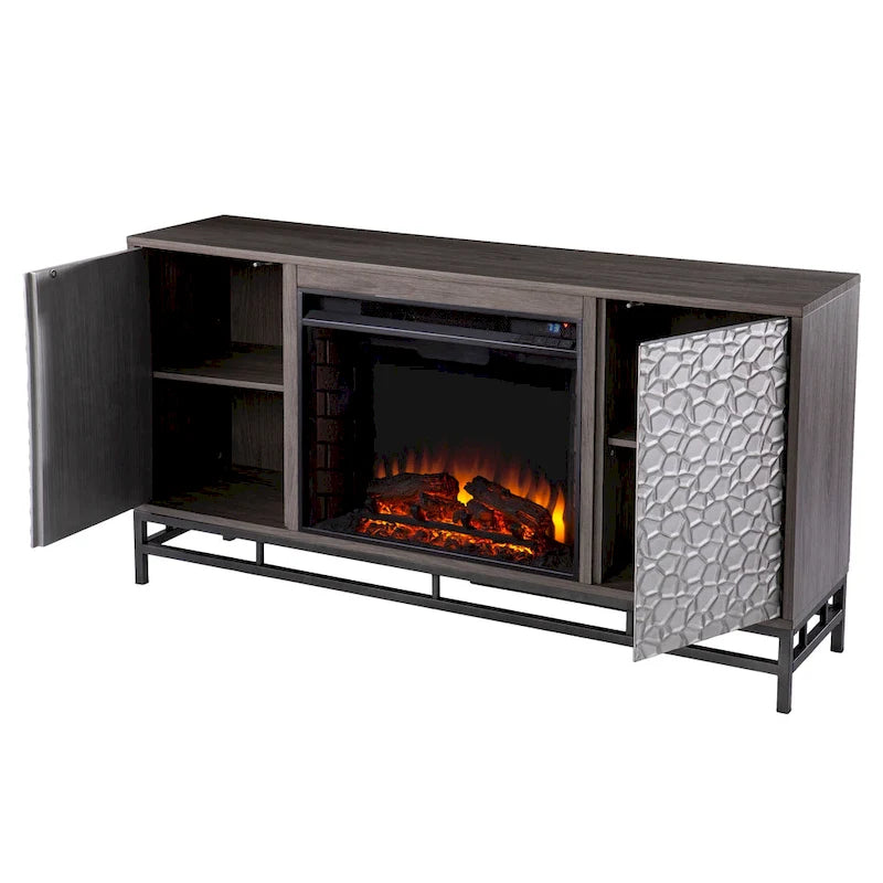 Meuble TV de cheminée électrique en bois gris avec placards de rangement