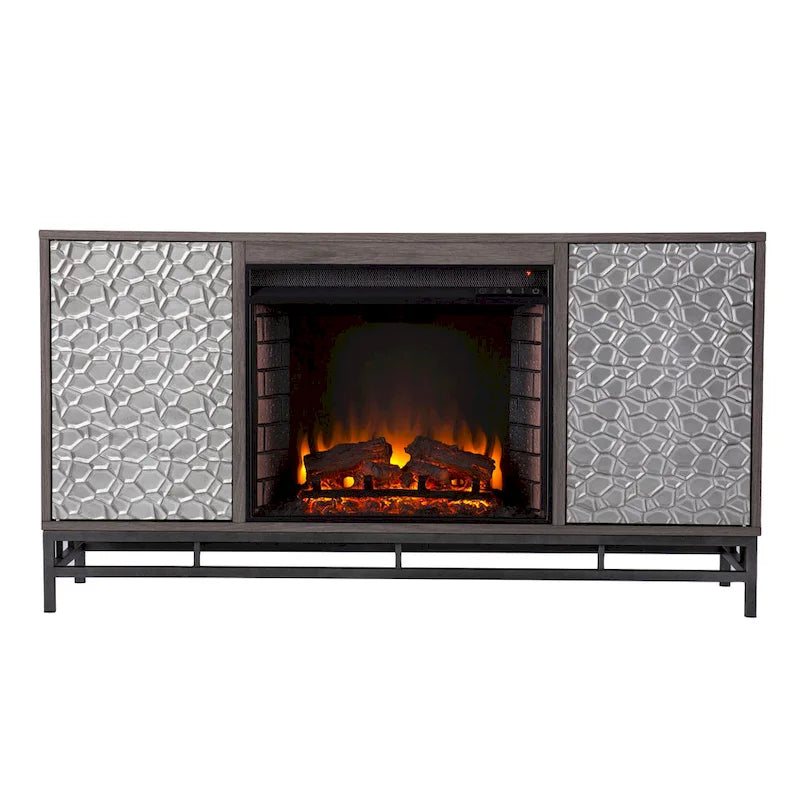 Meuble TV de cheminée électrique en bois gris avec placards de rangement