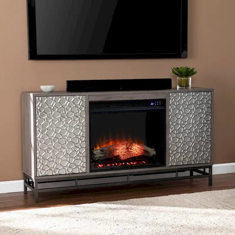 Meuble TV de cheminée électrique en bois gris avec placards de rangement