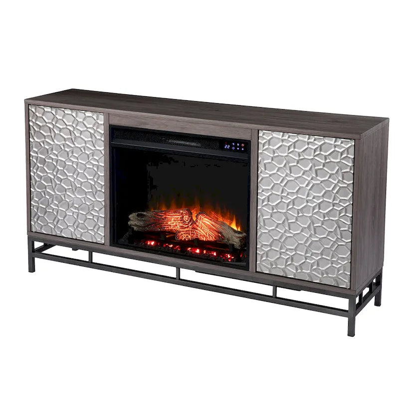 Meuble TV de cheminée électrique en bois gris avec placards de rangement