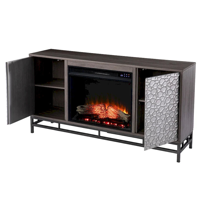 Meuble TV de cheminée électrique en bois gris avec placards de rangement