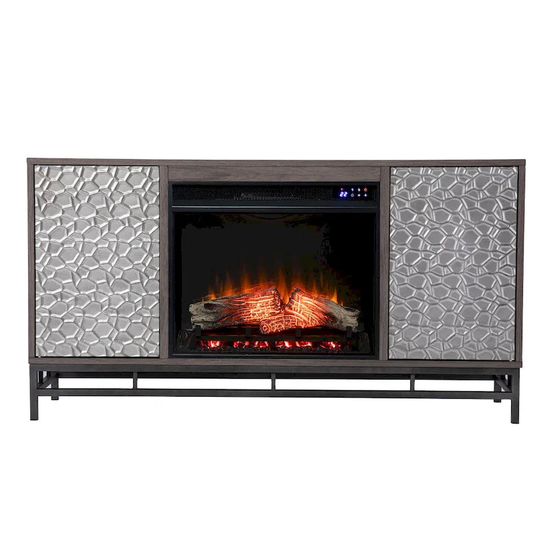 Meuble TV de cheminée électrique en bois gris avec placards de rangement