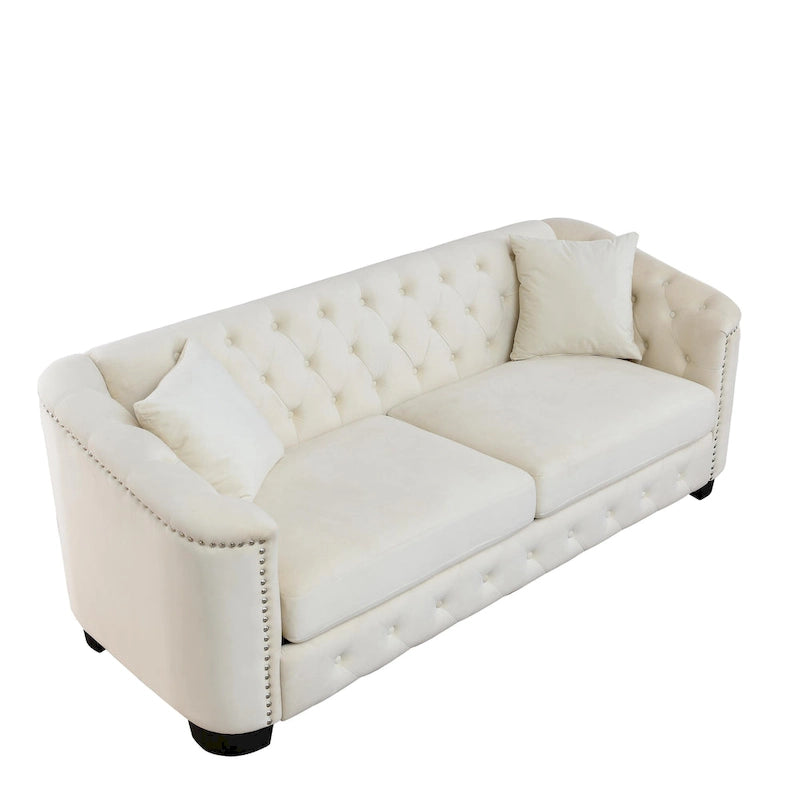 Canapé 3 places en velours capitonné avec accoudoirs cloutés, pieds expresso foncé, crème