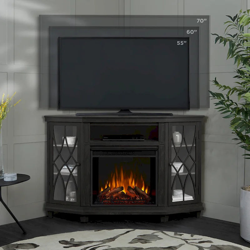 Meuble TV d'angle avec foyer électrique, portes en verre et étagères réglables, gris