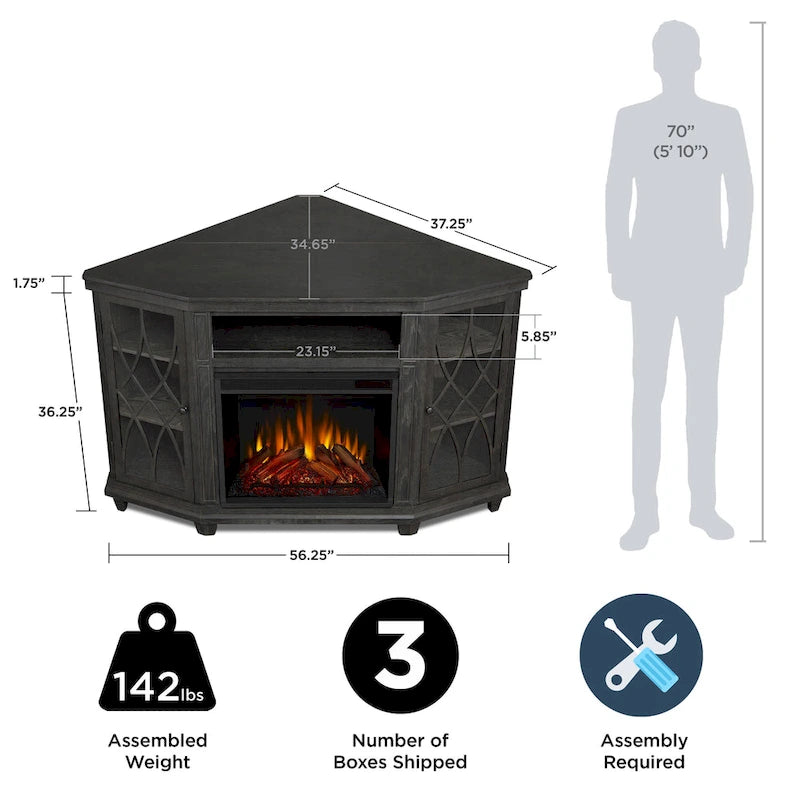 Meuble TV d'angle avec foyer électrique, portes en verre et étagères réglables, gris