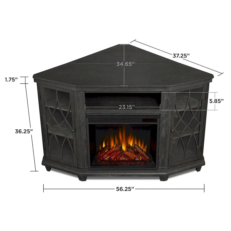 Meuble TV d'angle avec foyer électrique, portes en verre et étagères réglables, gris