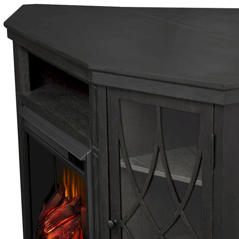 Meuble TV d'angle avec foyer électrique, portes en verre et étagères réglables, gris
