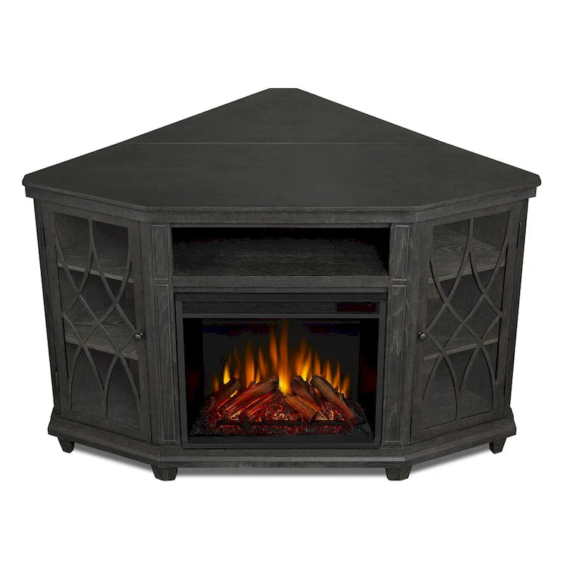 Meuble TV d'angle avec foyer électrique, portes en verre et étagères réglables, gris