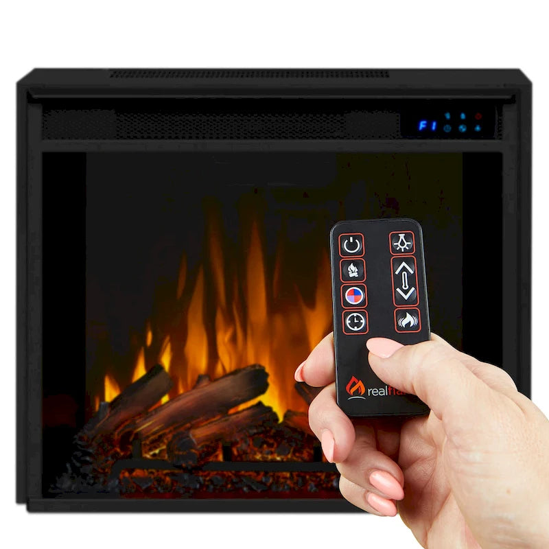 Meuble TV d'angle avec foyer électrique, portes en verre et étagères réglables, gris