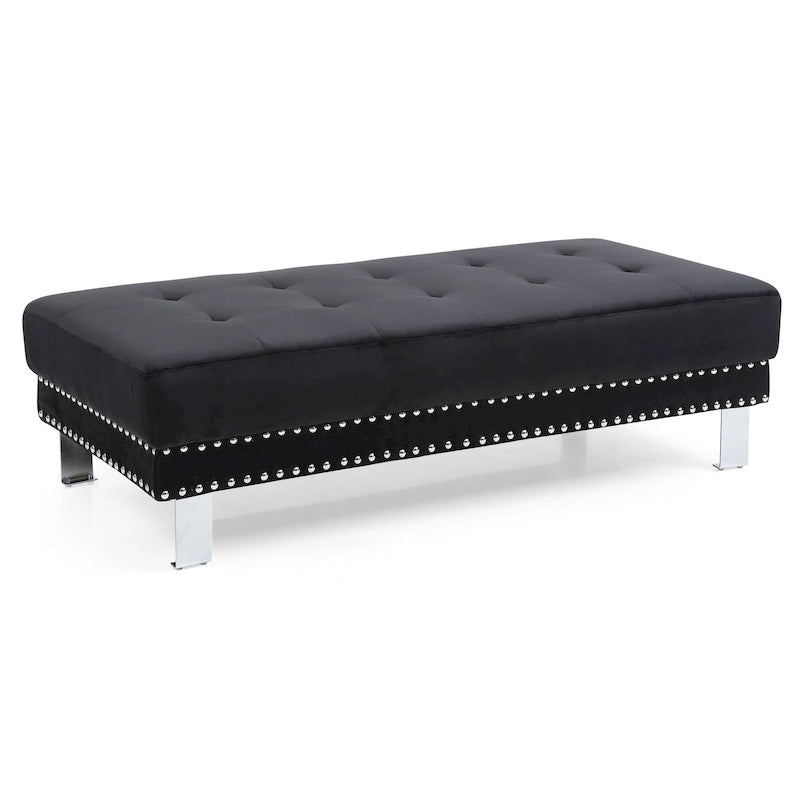 Pouf ottoman en velours tufté oversize avec clous décoratifs et pieds chromés