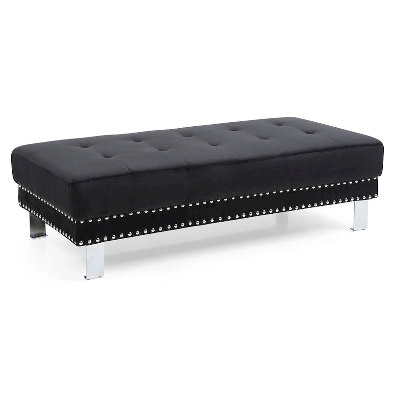 Pouf ottoman en velours tufté oversize avec clous décoratifs et pieds chromés
