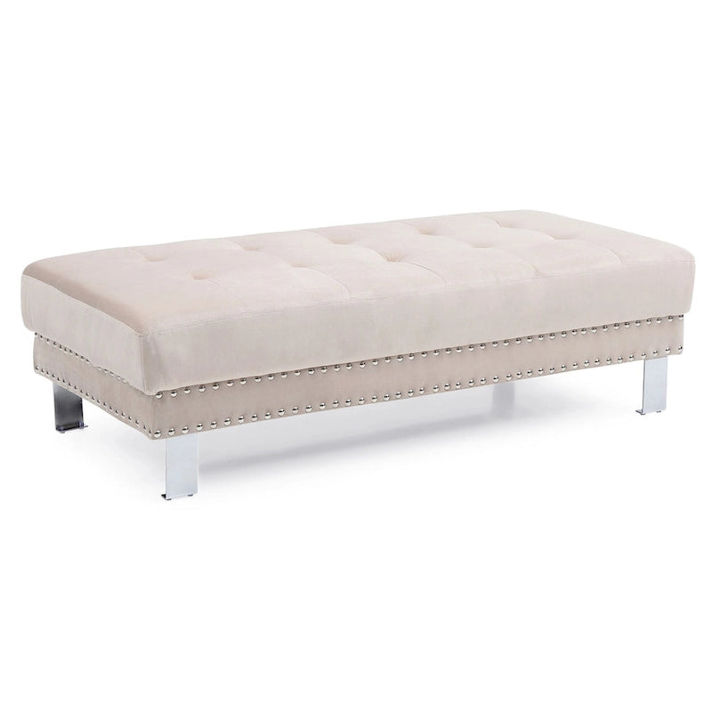 Pouf ottoman en velours tufté oversize avec clous décoratifs et pieds chromés