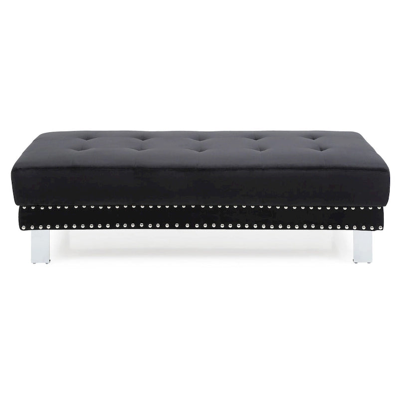 Pouf ottoman en velours tufté oversize avec clous décoratifs et pieds chromés