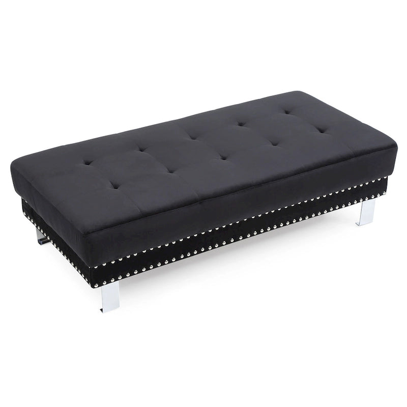 Pouf ottoman en velours tufté oversize avec clous décoratifs et pieds chromés