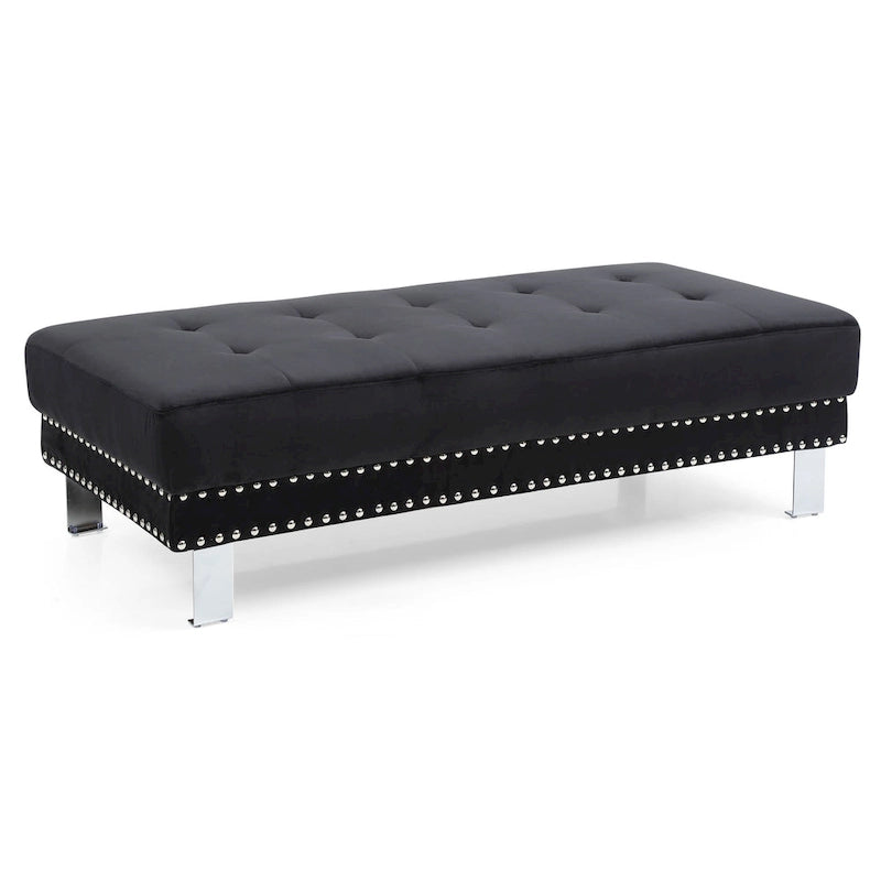 Pouf ottoman en velours tufté oversize avec clous décoratifs et pieds chromés