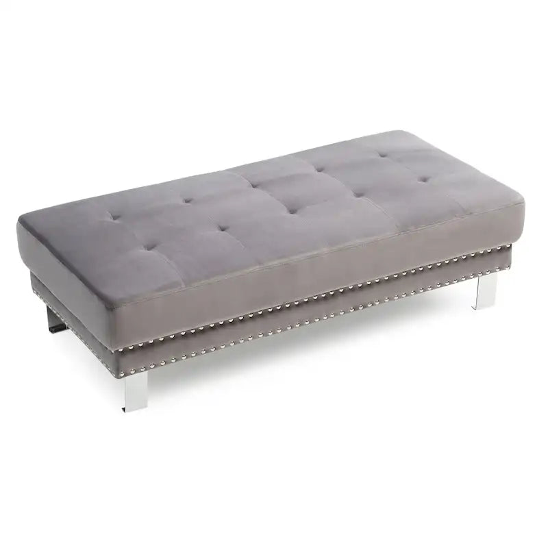Pouf ottoman en velours tufté oversize avec clous décoratifs et pieds chromés