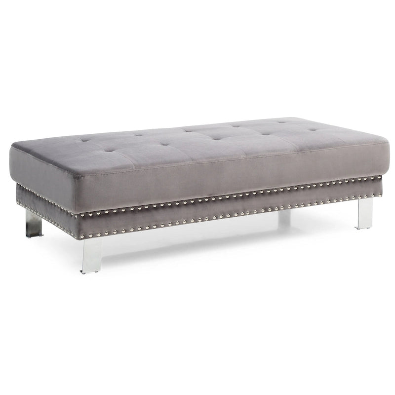 Pouf ottoman en velours tufté oversize avec clous décoratifs et pieds chromés