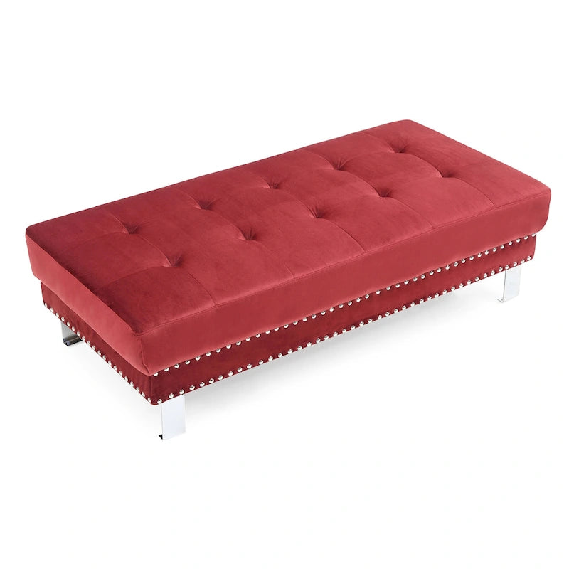 Pouf ottoman en velours tufté oversize avec clous décoratifs et pieds chromés
