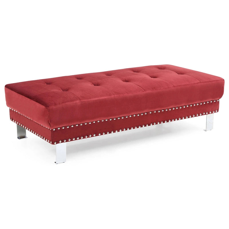 Pouf ottoman en velours tufté oversize avec clous décoratifs et pieds chromés