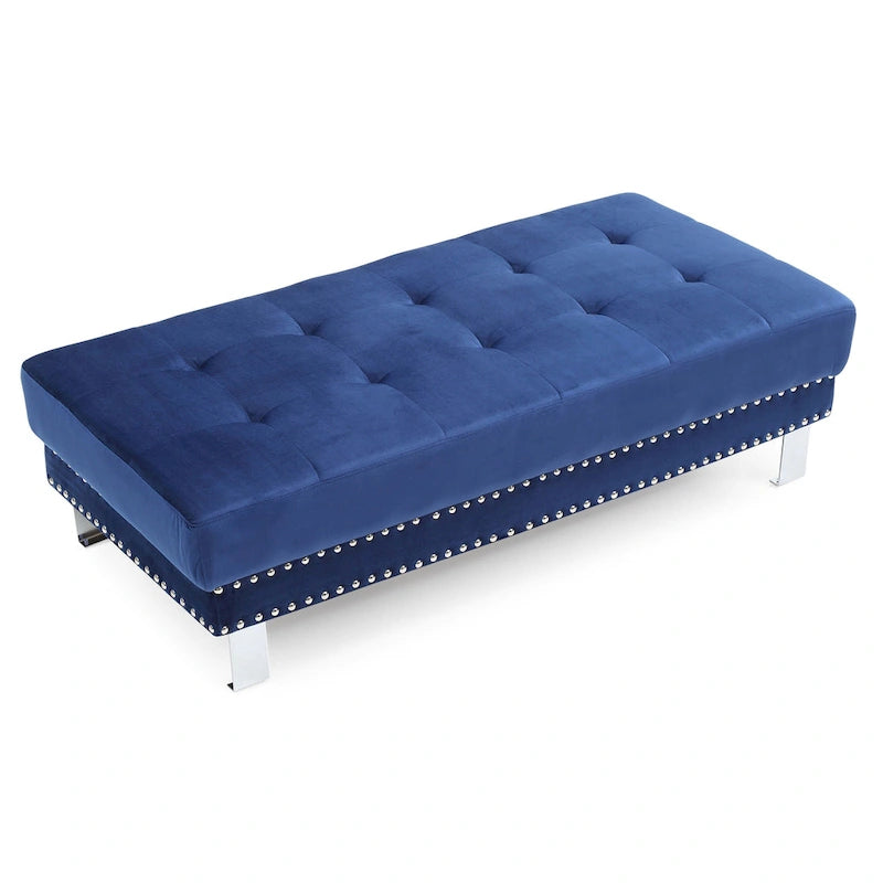 Pouf ottoman en velours tufté oversize avec clous décoratifs et pieds chromés