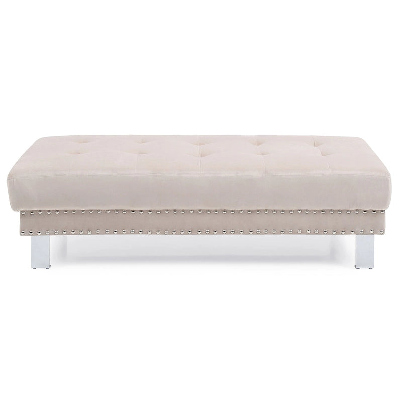 Pouf ottoman en velours tufté oversize avec clous décoratifs et pieds chromés
