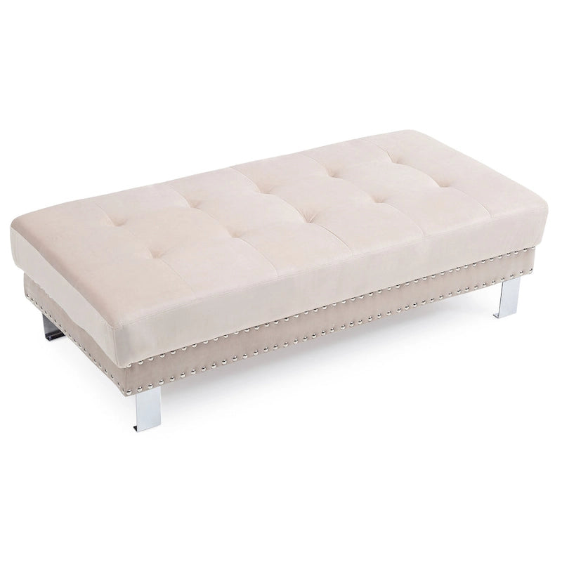 Pouf ottoman en velours tufté oversize avec clous décoratifs et pieds chromés