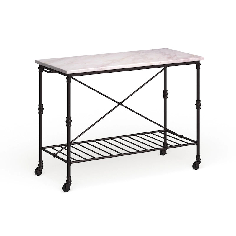 Desserte de cuisine roulante avec plateau imitation marbre et structure en fer noir mat et étagère de rangement