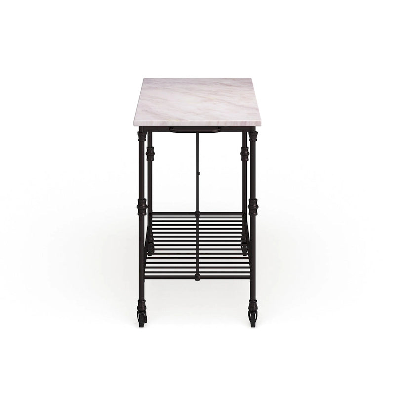 Desserte de cuisine roulante avec plateau imitation marbre et structure en fer noir mat et étagère de rangement