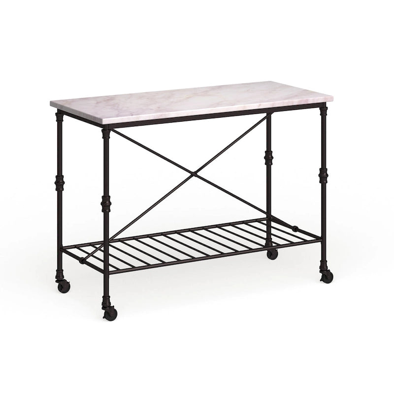 Desserte de cuisine roulante avec plateau imitation marbre et structure en fer noir mat et étagère de rangement