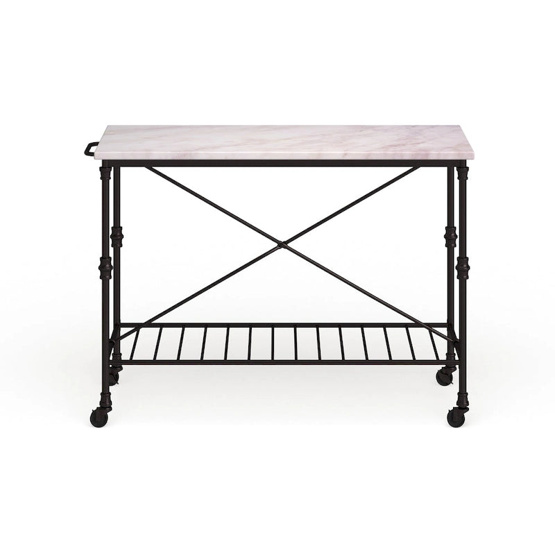Desserte de cuisine roulante avec plateau imitation marbre et structure en fer noir mat et étagère de rangement