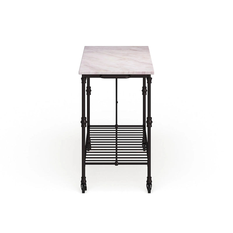 Desserte de cuisine roulante avec plateau imitation marbre et structure en fer noir mat et étagère de rangement