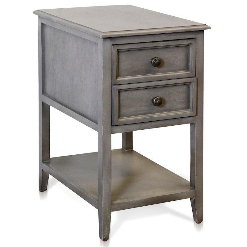 Table de chevet vintage à deux tiroirs gris délavé avec étagère inférieure ouverte