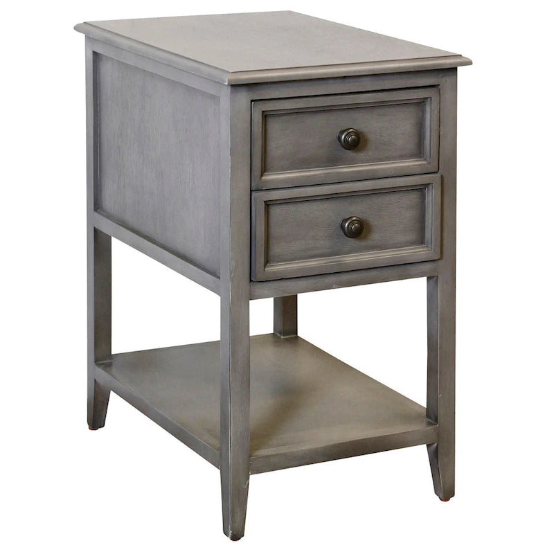 Table de chevet vintage à deux tiroirs gris délavé avec étagère inférieure ouverte