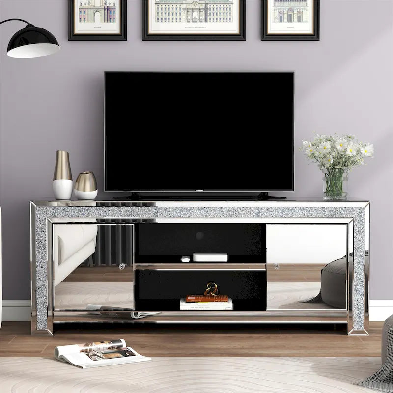 Meuble TV Miroir Diamant Écrasé Argent Console Multimédia avec Rangement