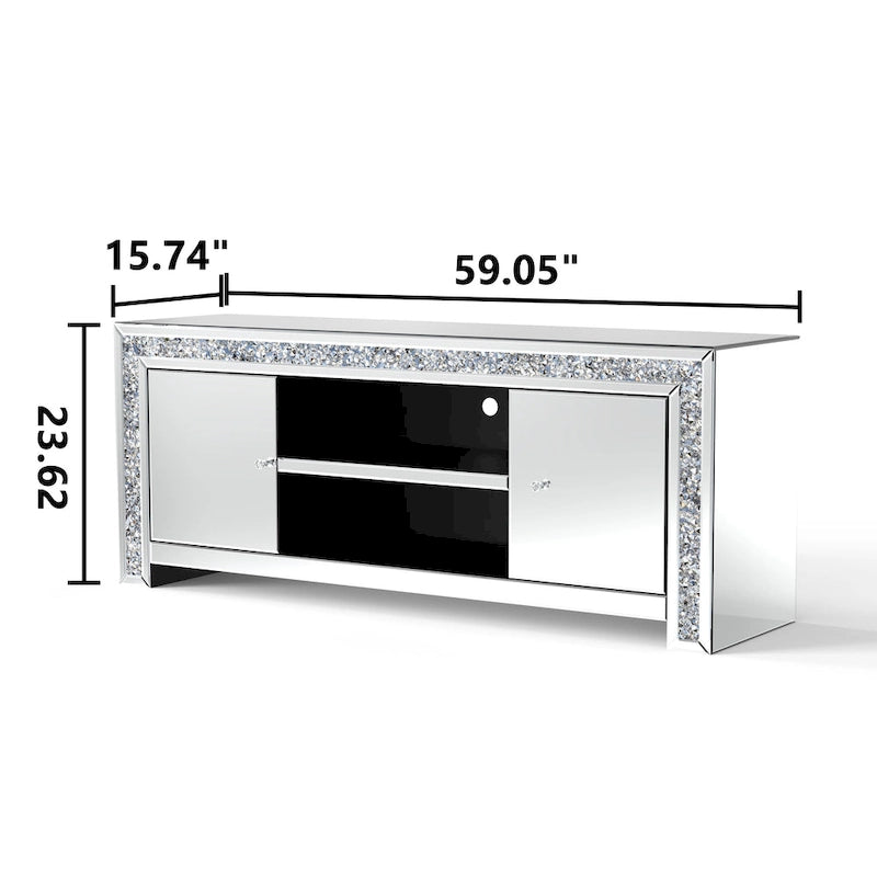 Meuble TV Miroir Diamant Écrasé Argent Console Multimédia avec Rangement