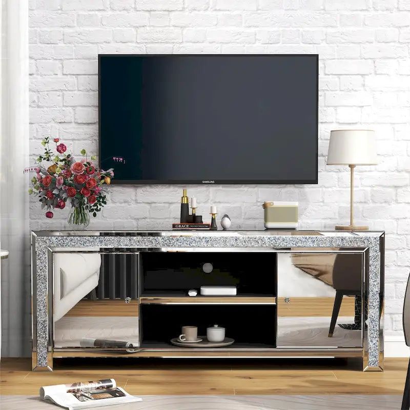 Meuble TV Miroir Diamant Écrasé Argent Console Multimédia avec Rangement