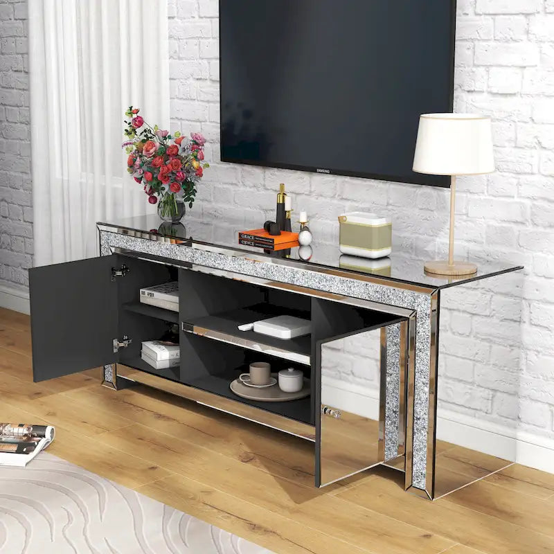 Meuble TV Miroir Diamant Écrasé Argent Console Multimédia avec Rangement