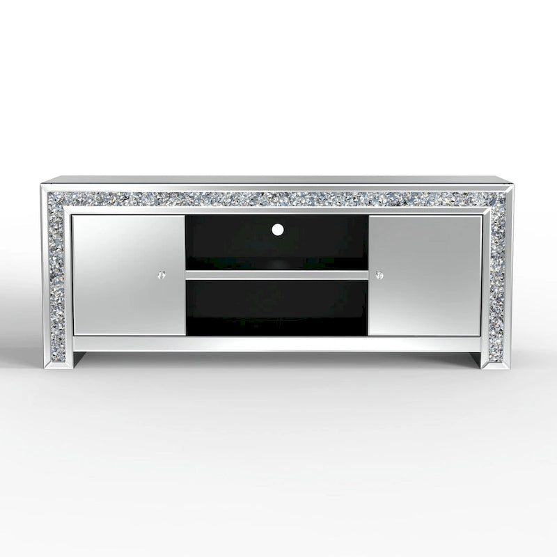 Meuble TV Miroir Diamant Écrasé Argent Console Multimédia avec Rangement