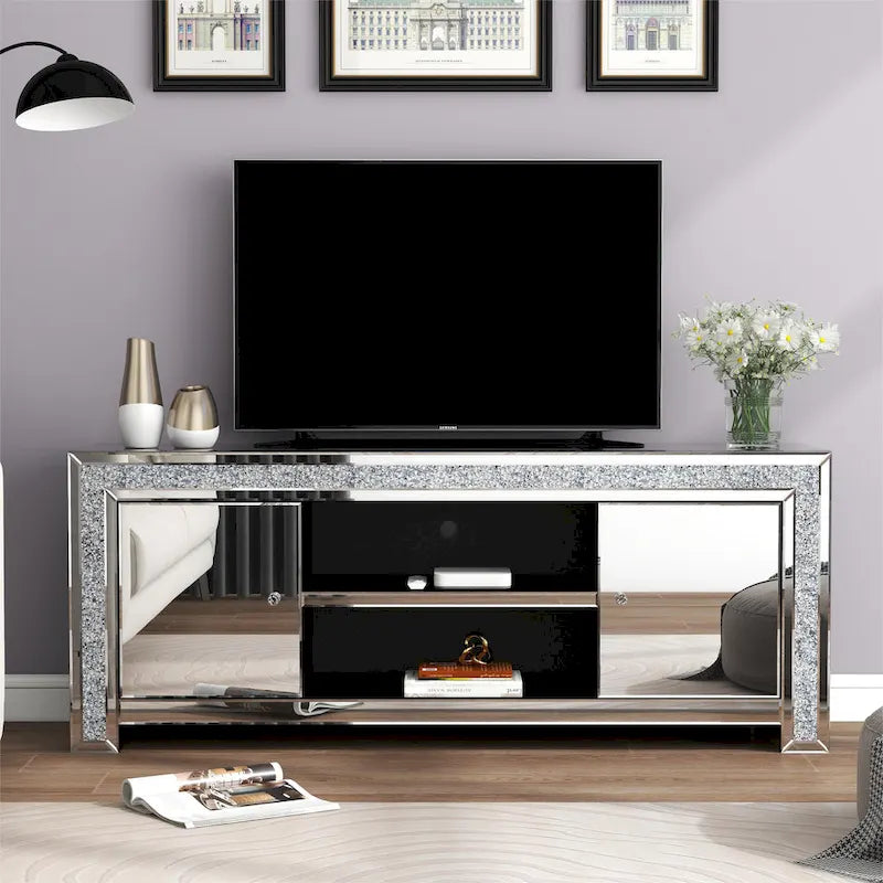 Meuble TV Miroir Diamant Écrasé Argent Console Multimédia avec Rangement