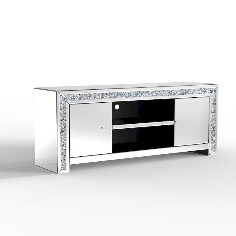 Meuble TV Miroir Diamant Écrasé Argent Console Multimédia avec Rangement