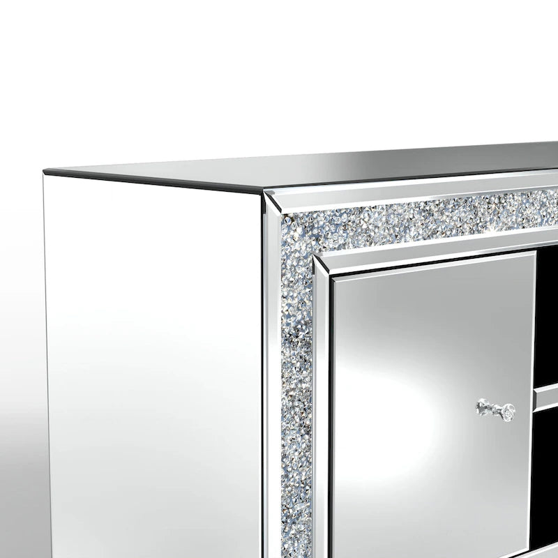 Meuble TV Miroir Diamant Écrasé Argent Console Multimédia avec Rangement