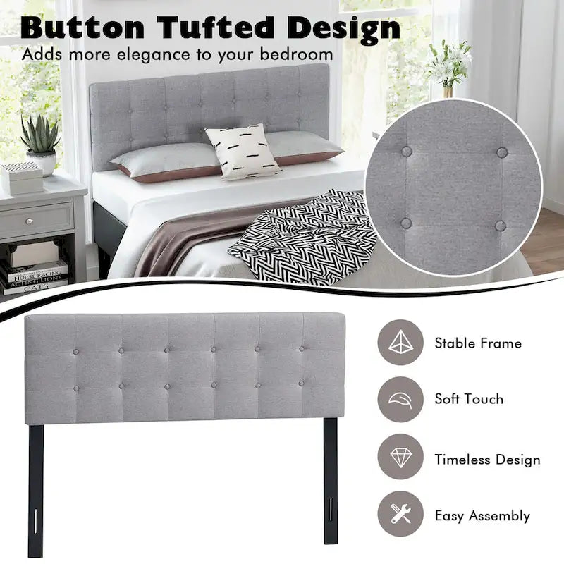 Tête de lit en lin touffeté gris, largeur réglable, grand lit