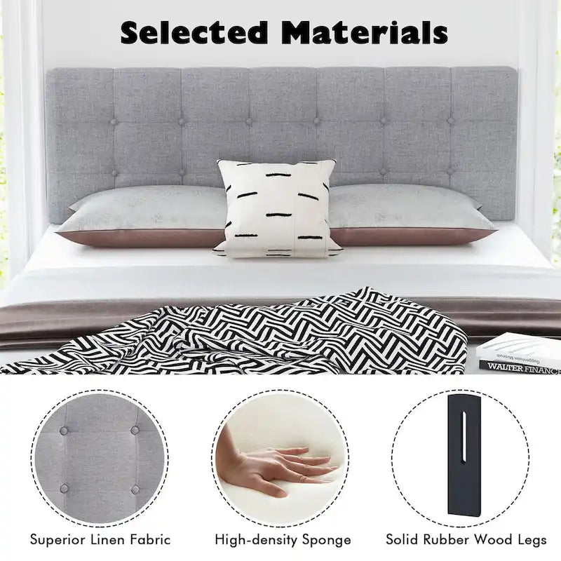 Tête de lit en lin touffeté gris, largeur réglable, grand lit