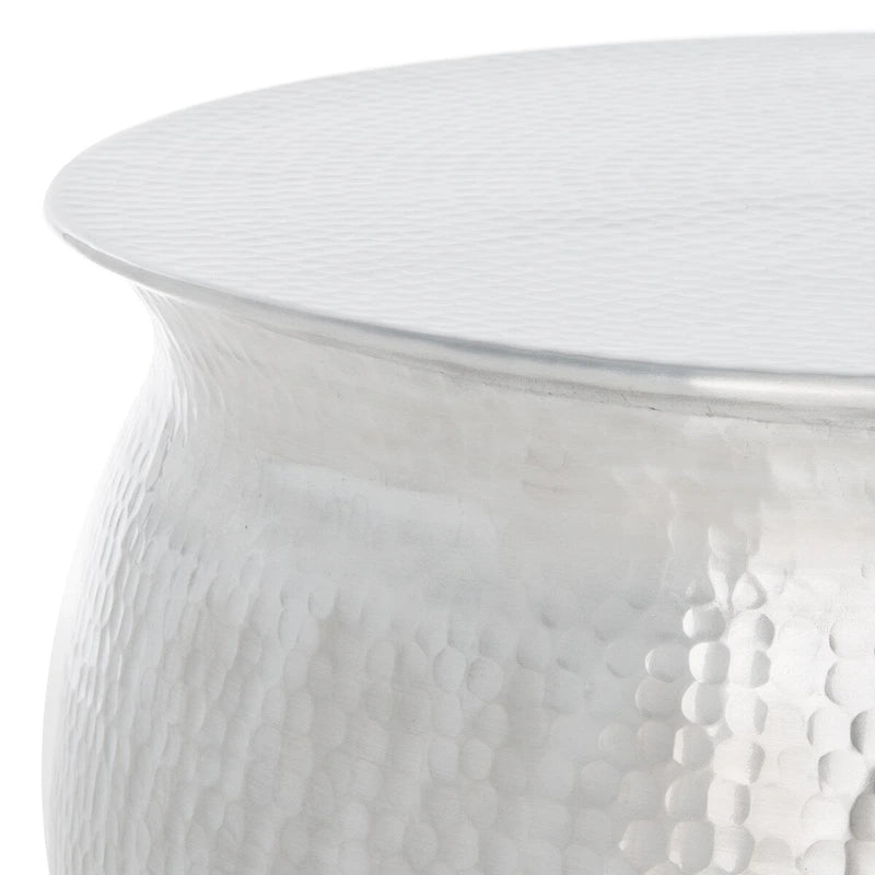 Tabouret de table rond en métal martelé blanc argenté, pièce d'accent artisanal