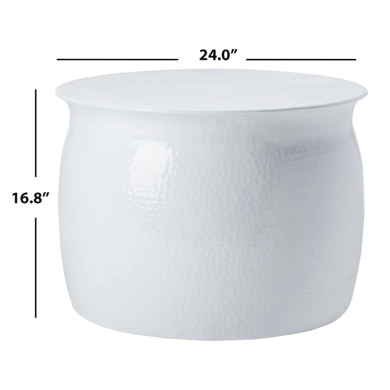 Tabouret de table rond en métal martelé blanc argenté, pièce d'accent artisanal