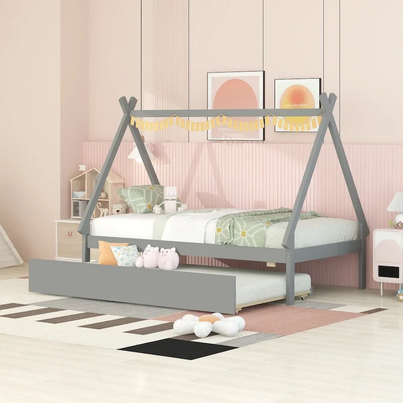 Lit de plancher en forme de tente, taille double, avec lit gigogne escamotable, en bois de pin naturel pour enfants