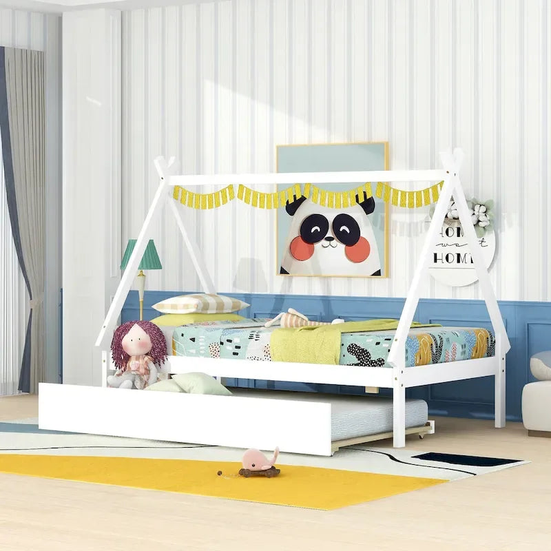 Lit de plancher en forme de tente, taille double, avec lit gigogne escamotable, en bois de pin naturel pour enfants