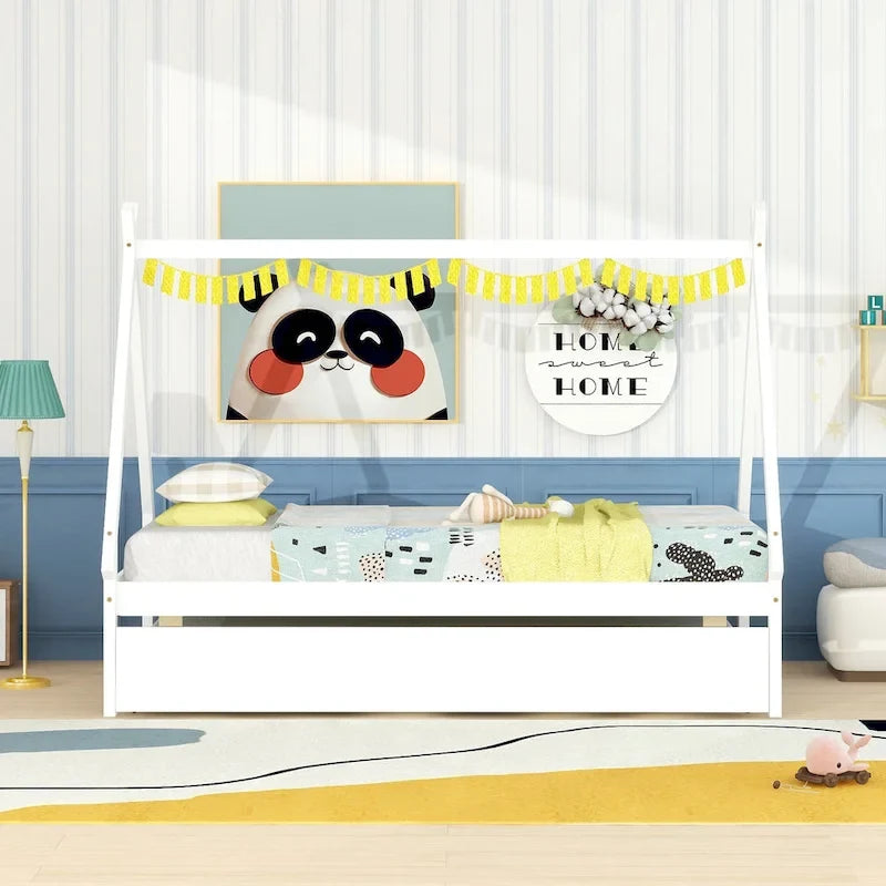 Lit de plancher en forme de tente, taille double, avec lit gigogne escamotable, en bois de pin naturel pour enfants